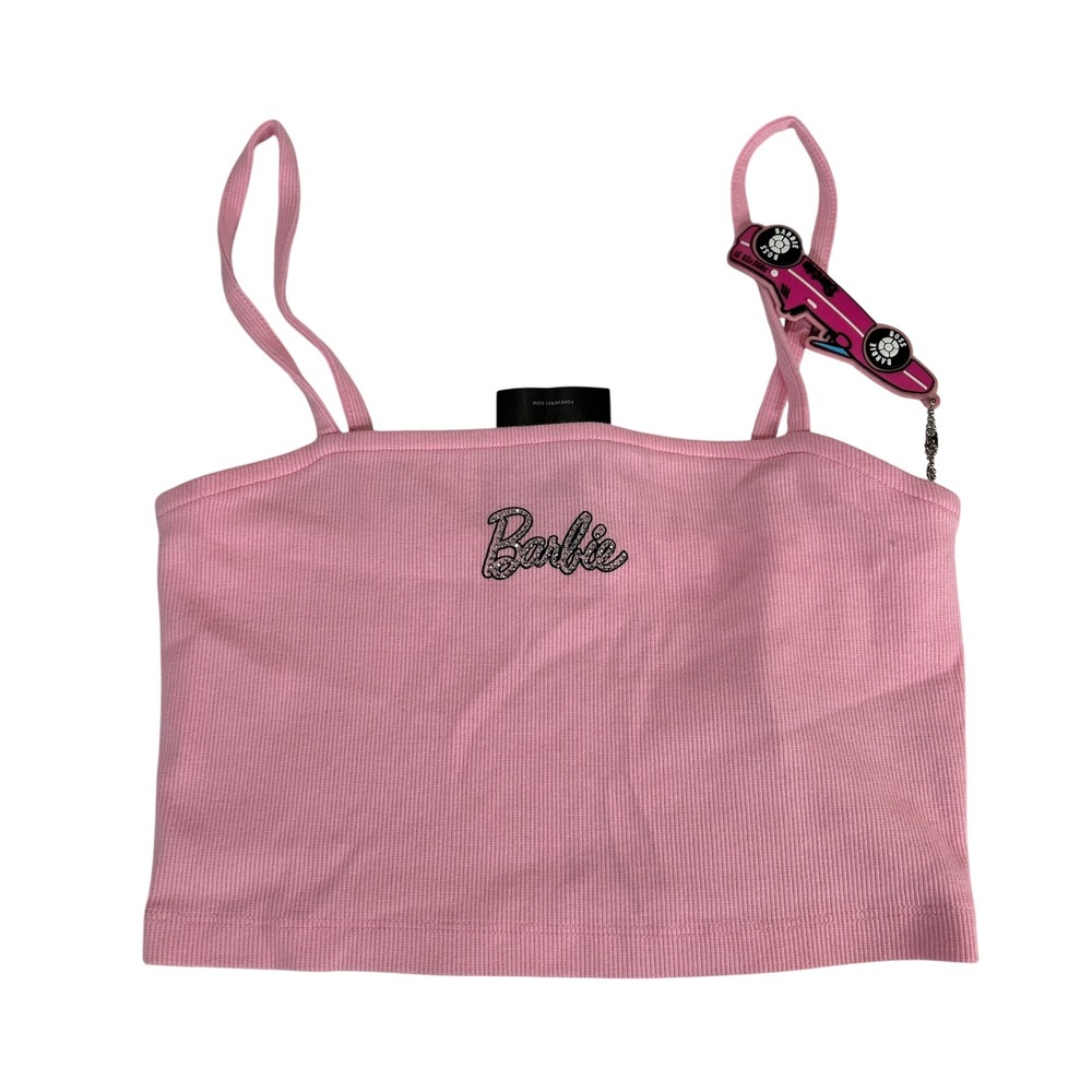 Forever 21 Barbie Pink Ribbed Cami Crop Top Rhinestone Logo Small NWT Keychain